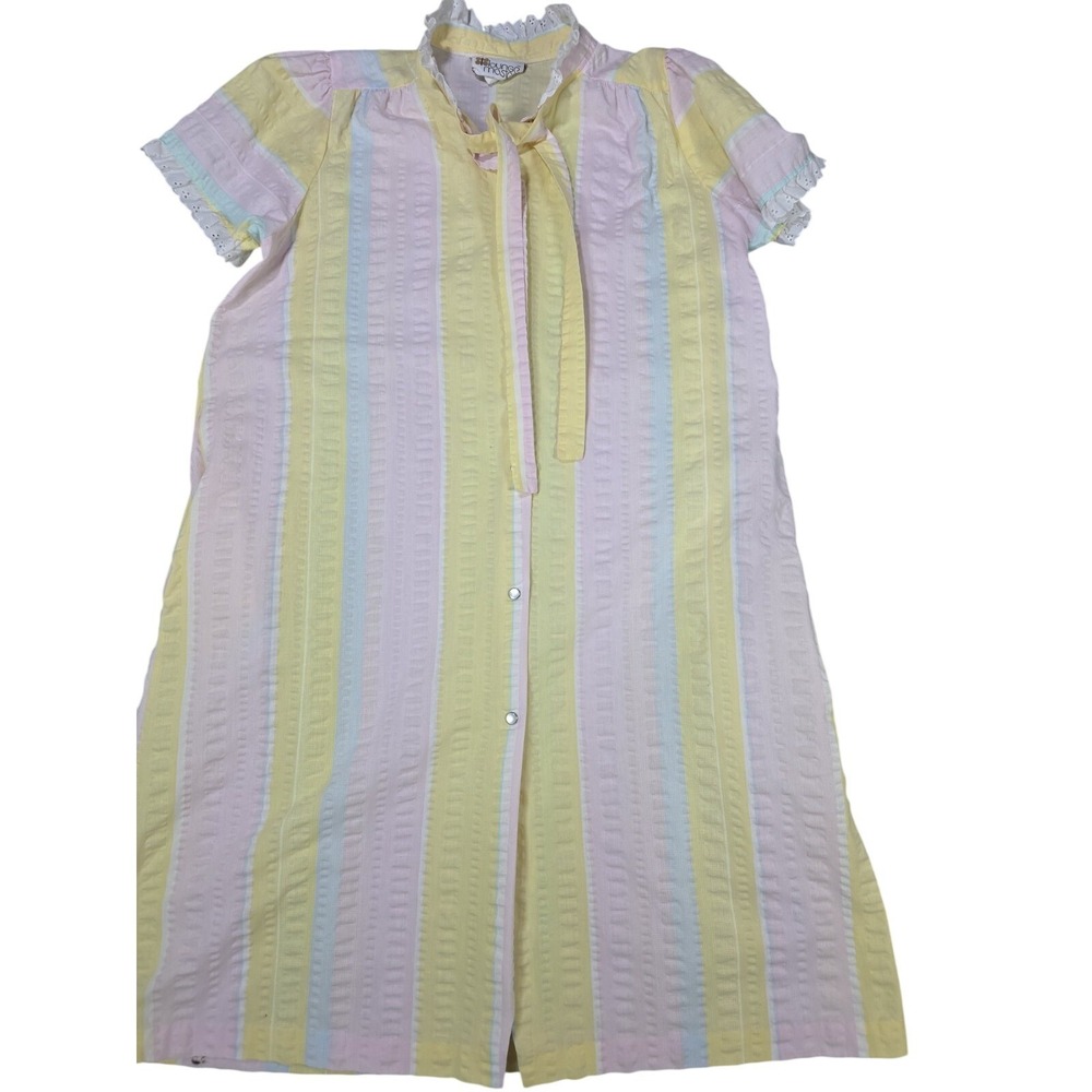 Large Yellow White Striped Seersucker Pearl Snap House Coat‎ Lounge Master